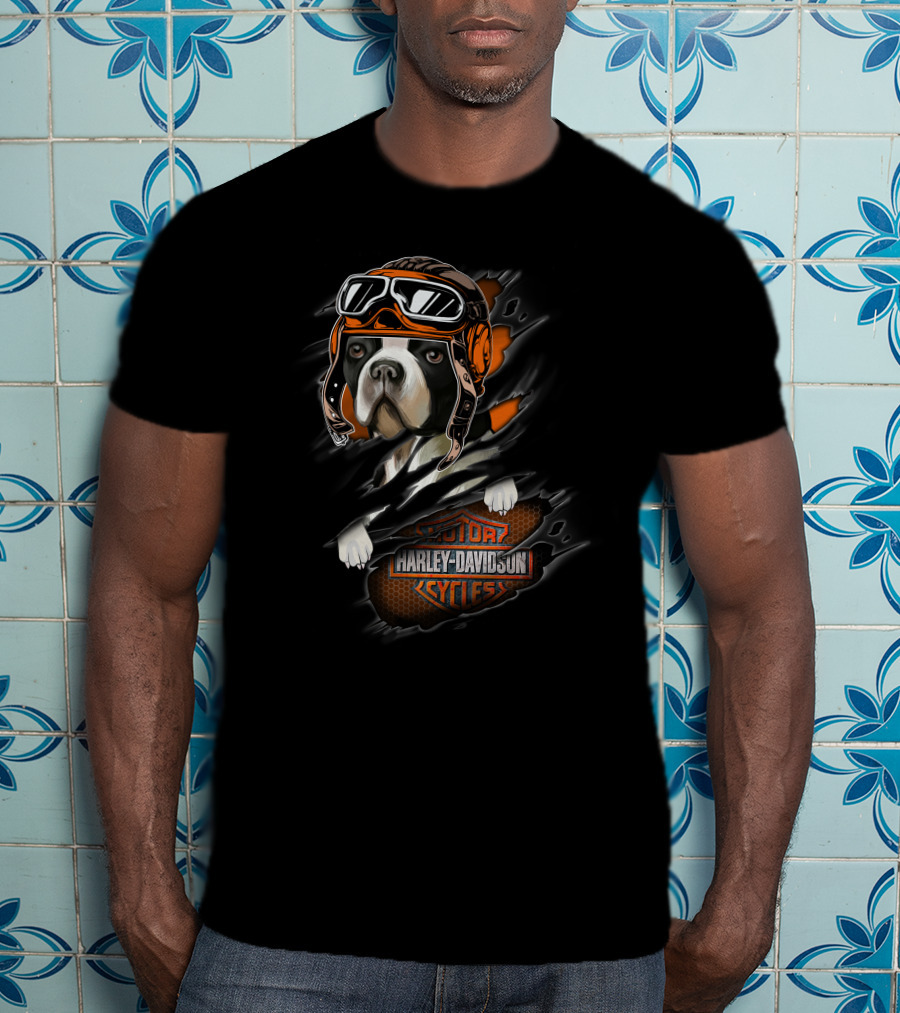 Boston Terrier Harley Davidson Cycles Vintage Aviator Helmet T-Shirt
