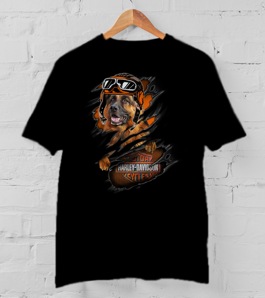German Shepherd With Harley Davidson Motor Cycles Helmet T-Shirt