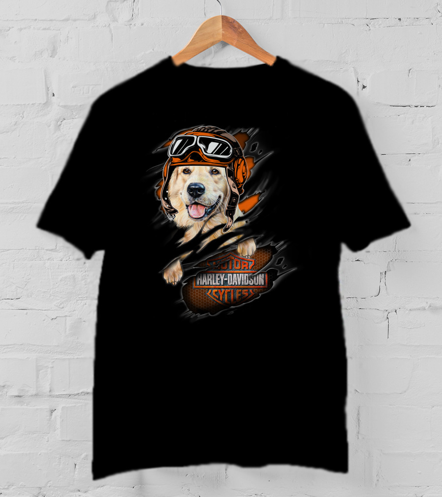 Golden Retriever Wearing Biker Helmet With Harley Davidson Motorcycles T-Shirt