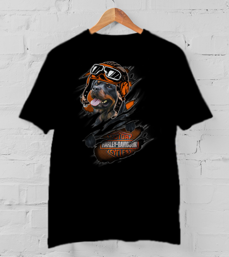 Rottweiler Wearing Biker Helmet Harley Davidson Motor Cycles T-Shirt