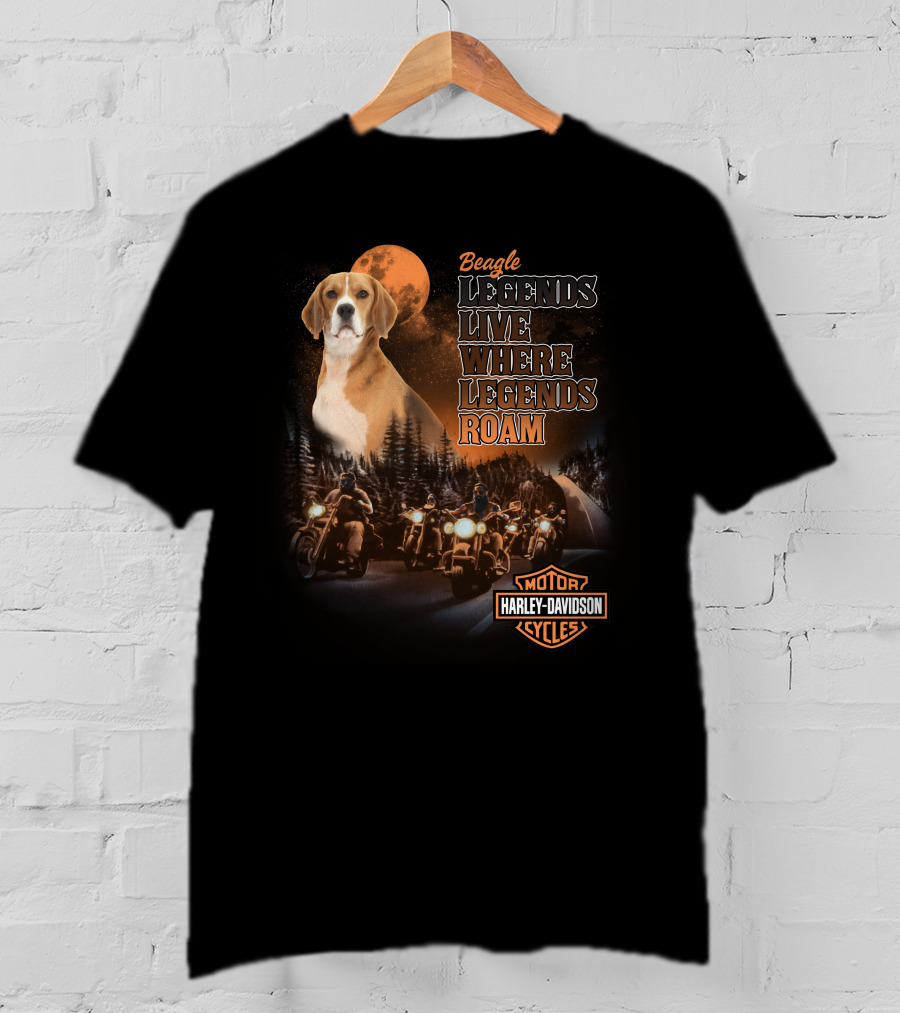 Beagle Legends Live Where Legends Roam Harley Davidson Cycles Moonlit Night T-Shirt