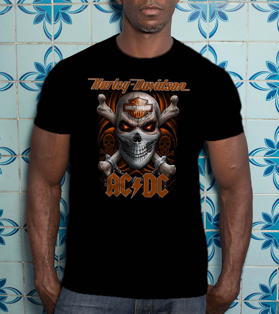 Harley Davidson Ac/Dc Skull And Crossbones Motocycles T-Shirt