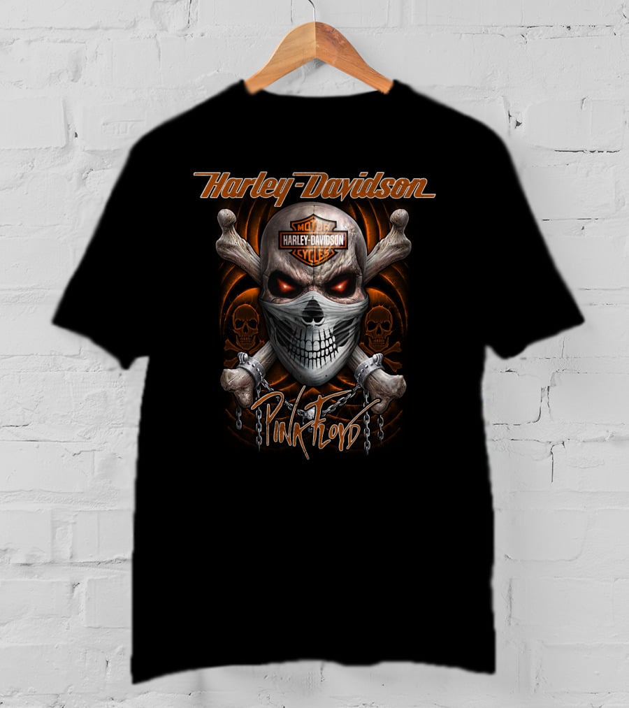 Harley Davidson Pink Floyd Skull Design With Chains And Orange Accents T-Shirt