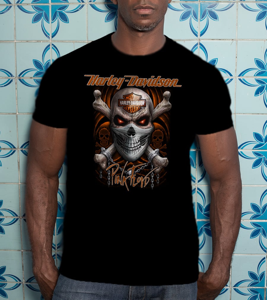 Harley Davidson Pink Floyd Skull Design With Chains And Orange Accents T-Shirt