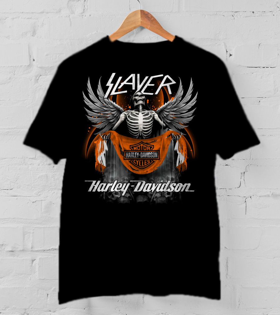Slayer Harley Davidson Motorcycles Skeleton With Angel Wings T-Shirt