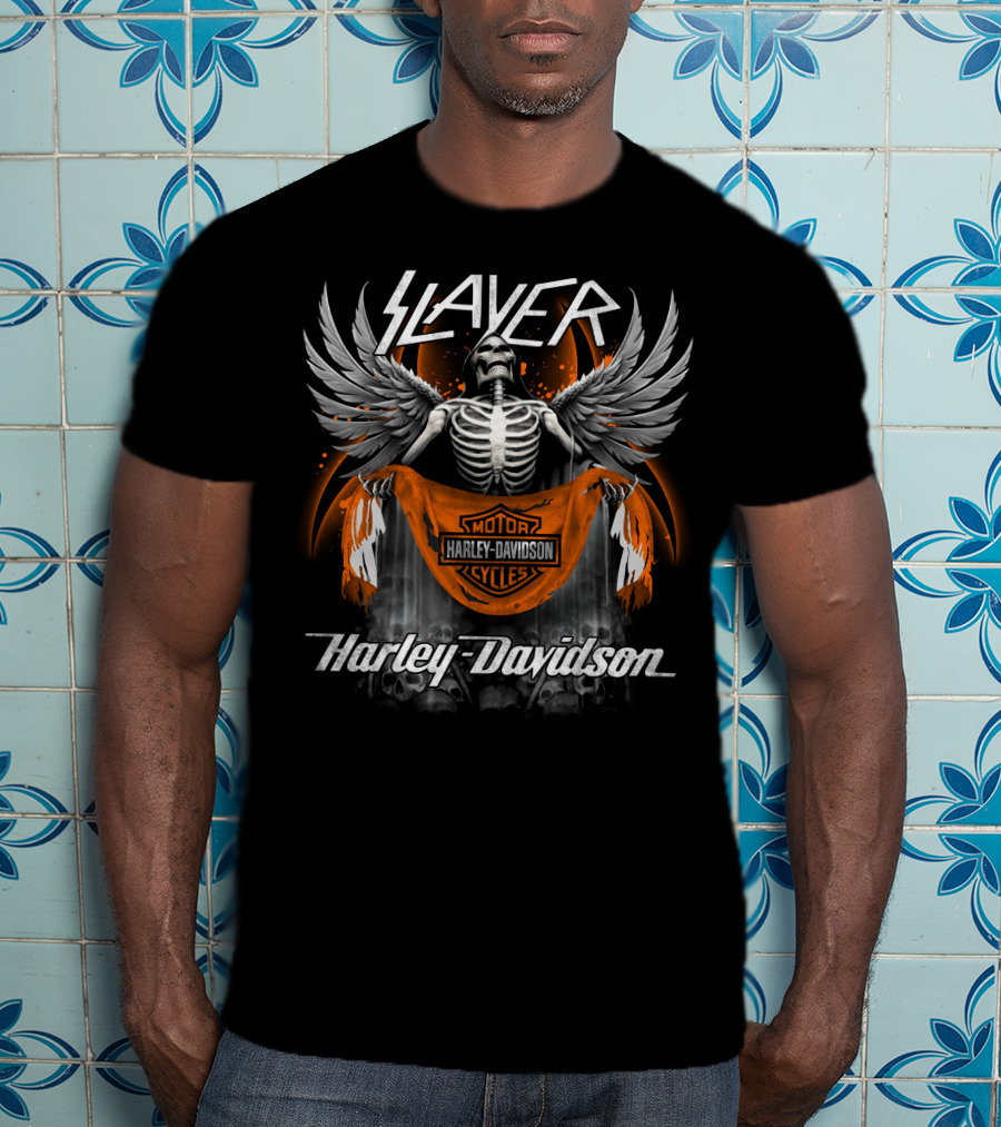 Slayer Harley Davidson Motorcycles Skeleton With Angel Wings T-Shirt
