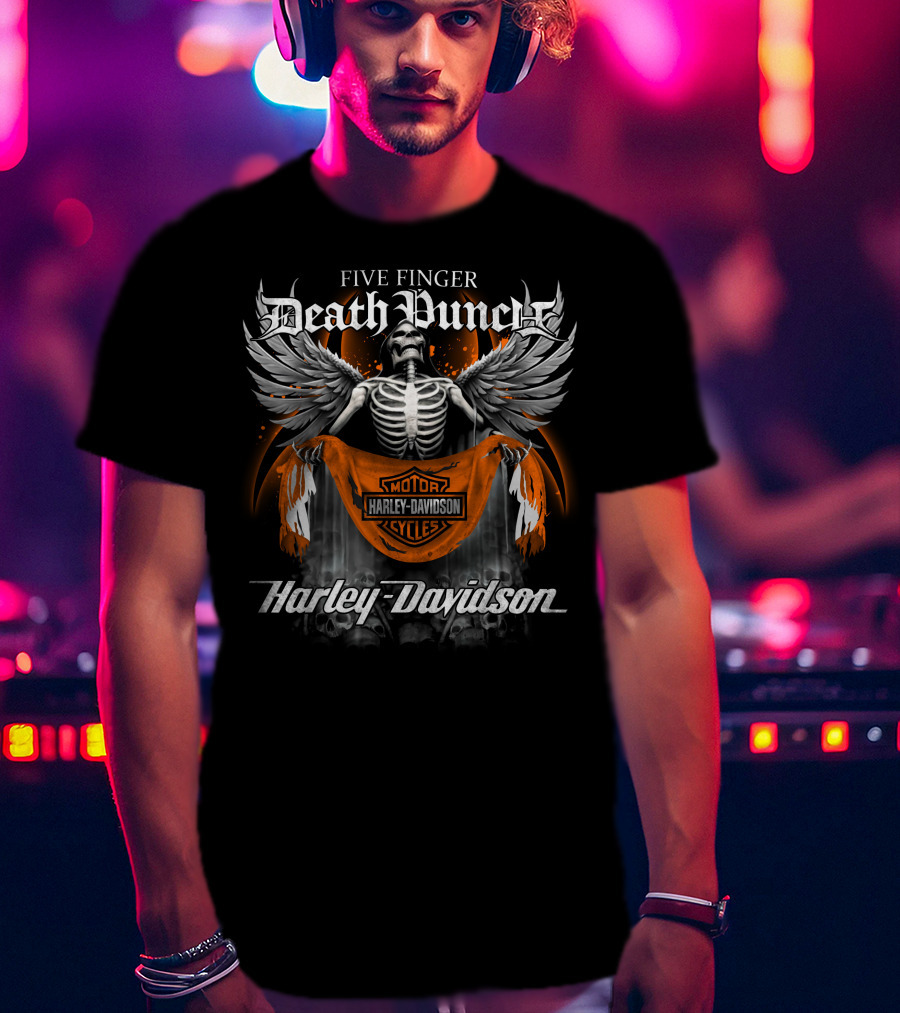 Five Finger Death Punch Harley Davidson Motorcycles Skeleton Wings T-Shirt