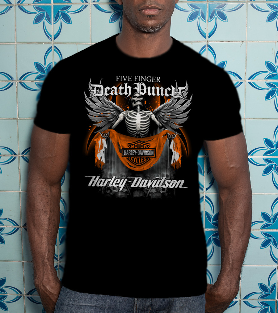 Five Finger Death Punch Harley Davidson Motorcycles Skeleton Wings T-Shirt