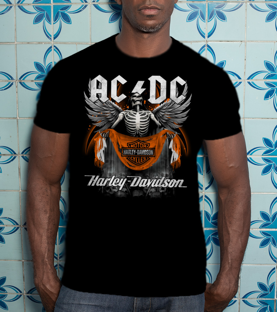 Acdc Harley Davidson Motorcycles Skeleton Wings T-Shirt