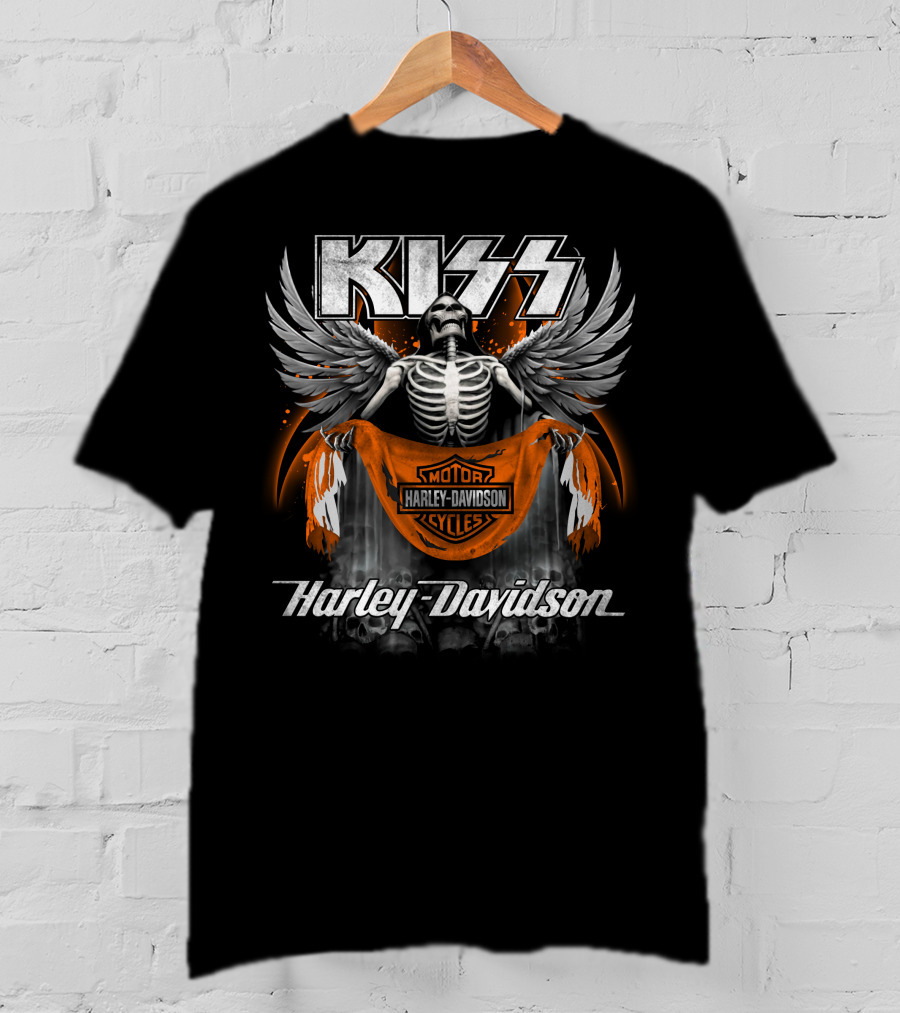 Kiss Harley Davidson Skeleton Wings Motorcycle Banner T-Shirt