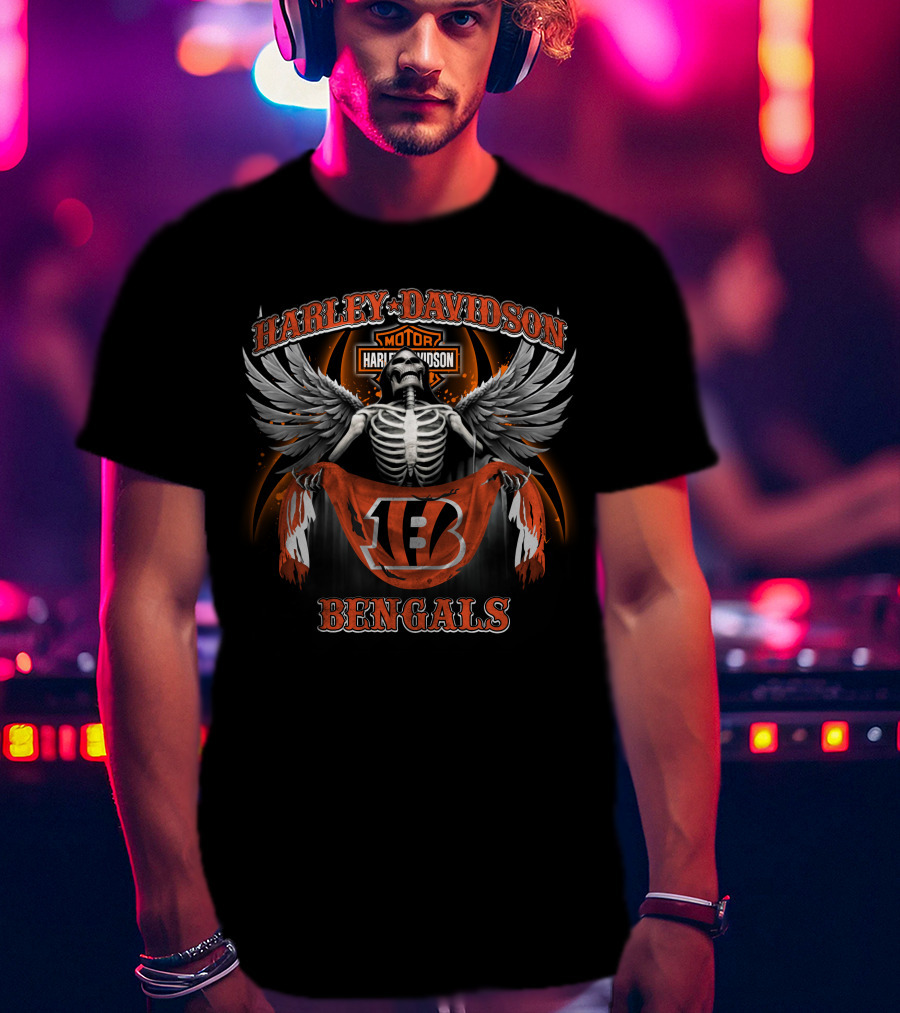 Harley Davidson Motor Cincinnati Bengals Skeleton Wings T-Shirt