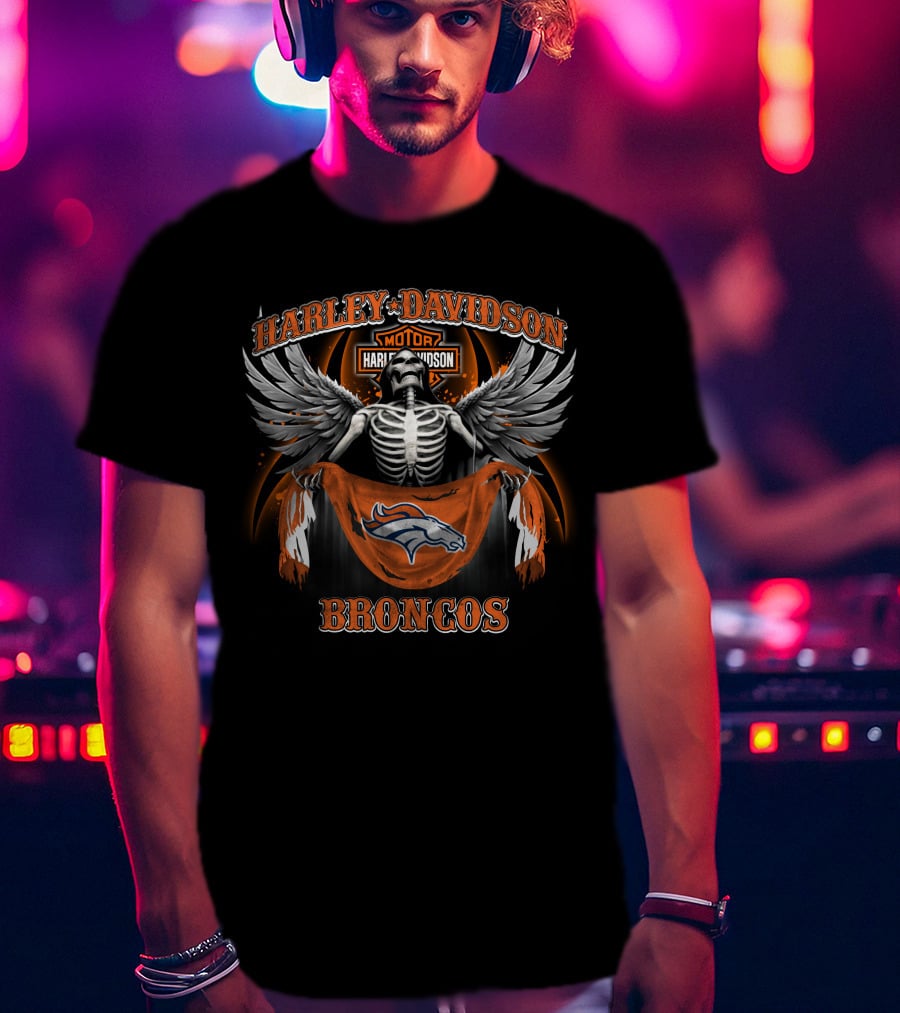 Harley Davidson Denver Broncos Motorcycle Skeleton Wings T-Shirt