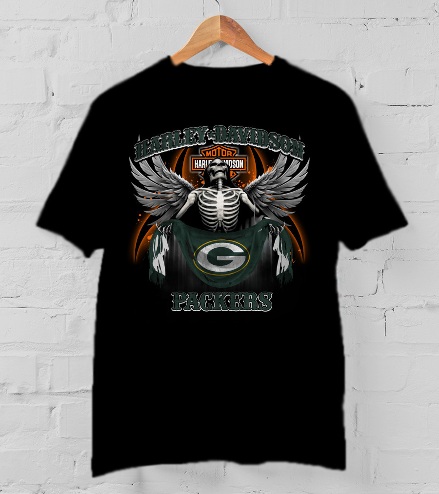 Harley Davidson Green Bay Packers Skeleton Wings T-Shirt