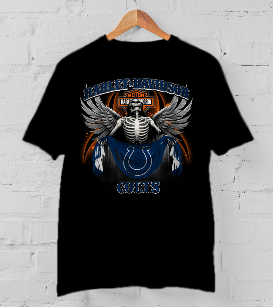 Harley Davidson Indianapolis Colts Skeleton Wings Motorcycle Helmet T-Shirt