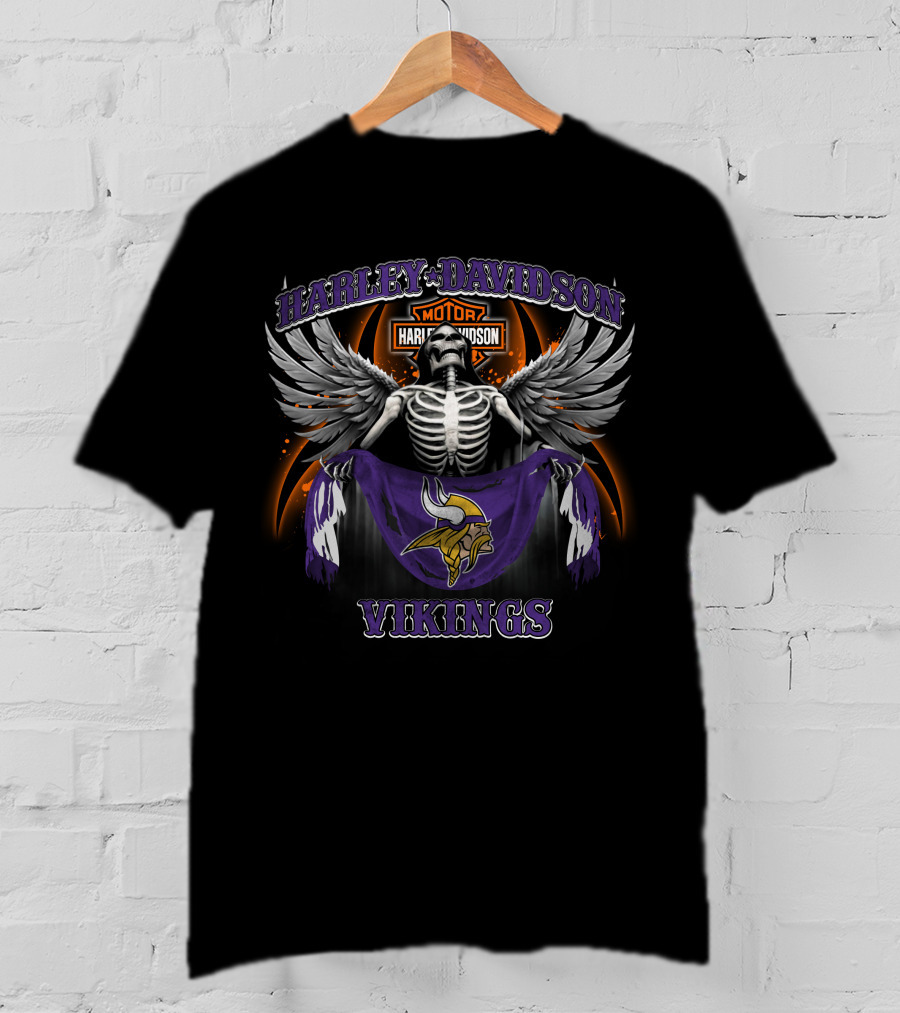 Harley Davidson Minnesota Vikings Skeleton Wings Motorcycle And Nfl Fan T-Shirt
