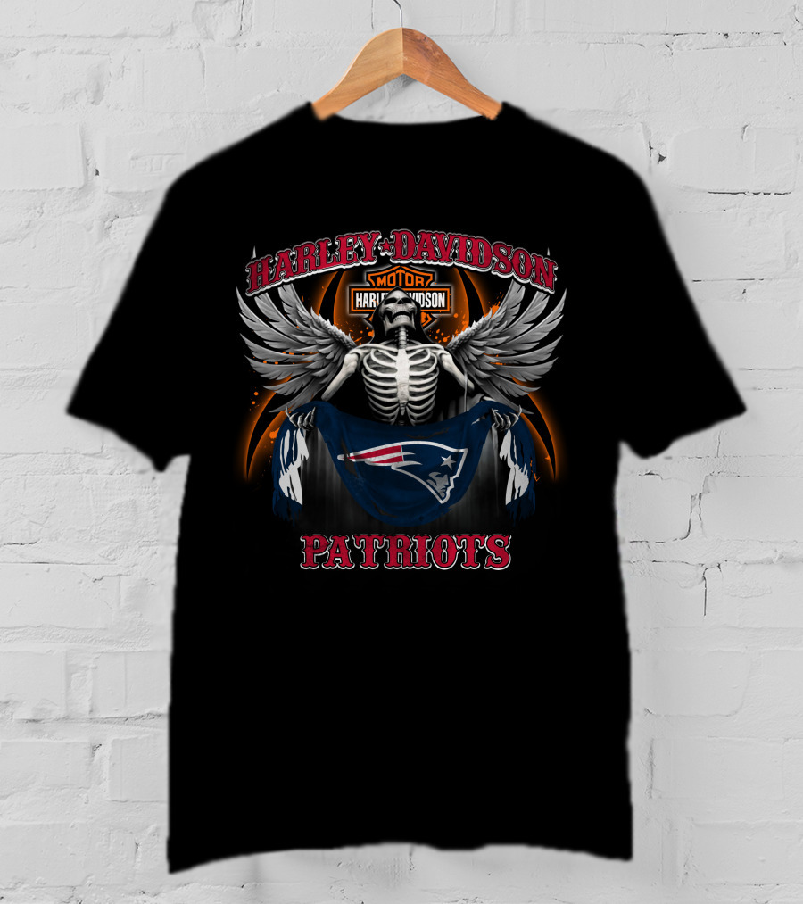 Harley Davidson New England Patriots Skeleton Wings Nfl T-Shirt