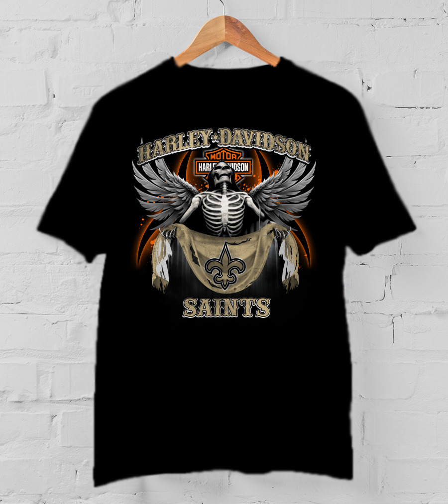 Harley Davidson Motor New Orleans Saints Skeleton Wings Fleur-De-Lis T-Shirt