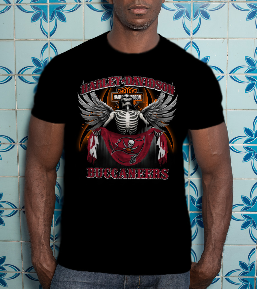 Harley Davidson Motor Tampa Bay Buccaneers Skeleton Wings T-Shirt
