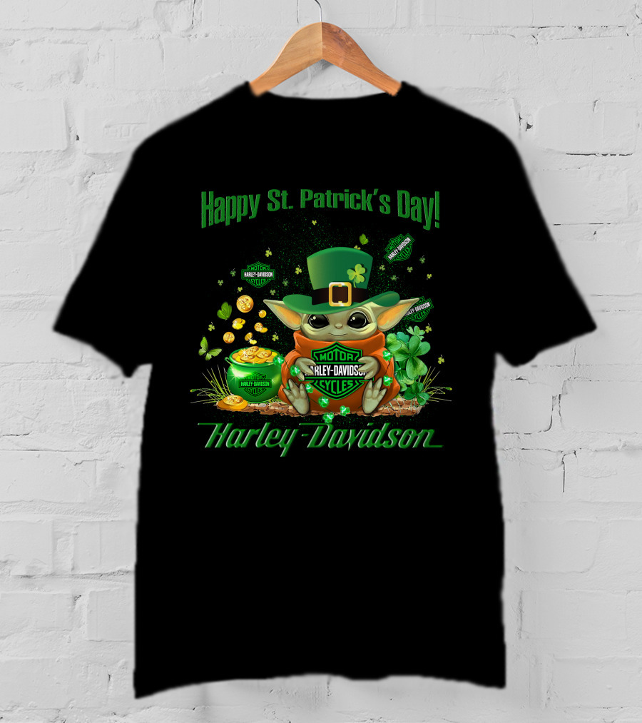 Happy St. Patrick's Day Baby Yoda Harley Davidson T-Shirt
