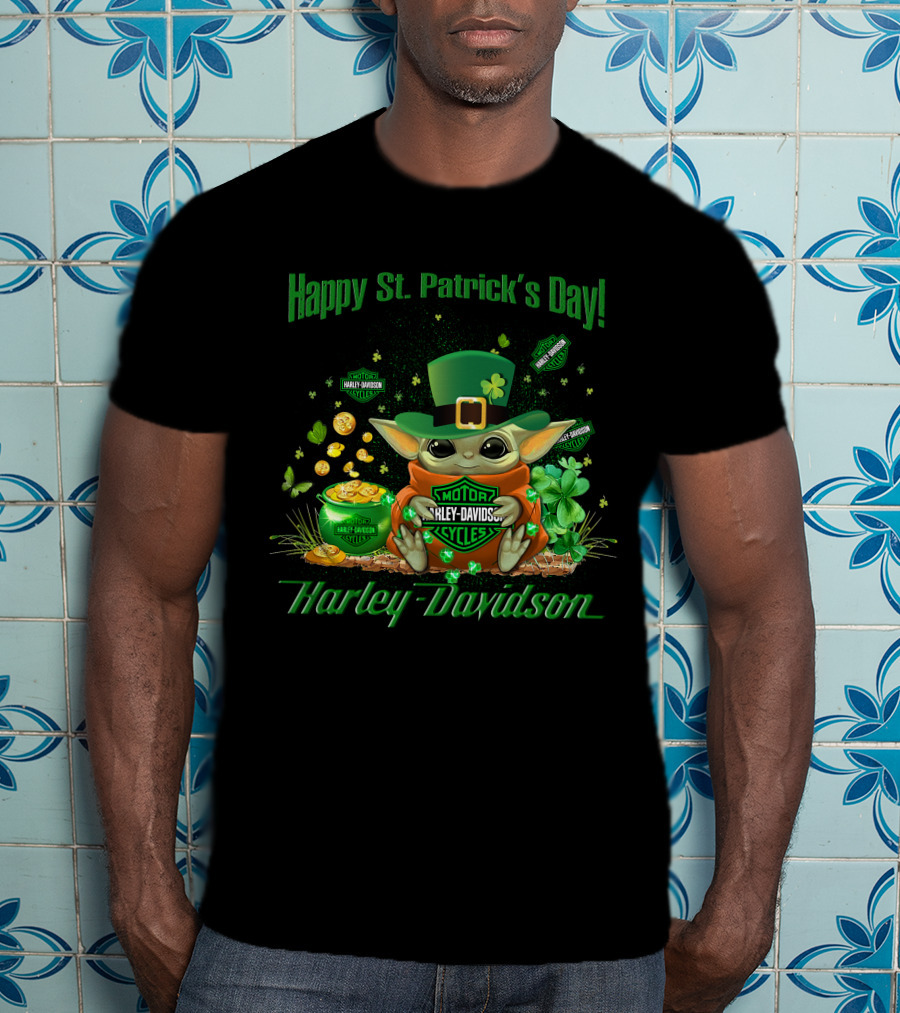 Happy St. Patrick's Day Baby Yoda Harley Davidson T-Shirt