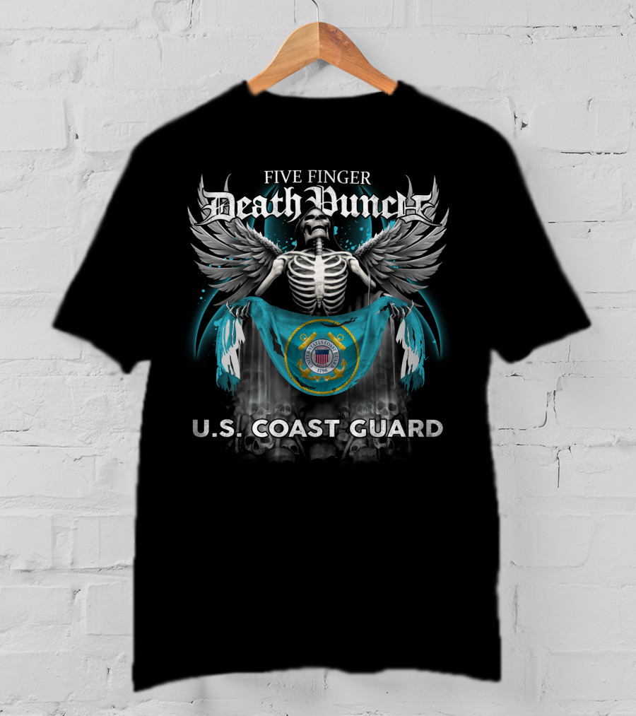 Five Finger Death Punch Skeleton With Wings Holding United States Coast Guard Flag And Emblem T-Shirt