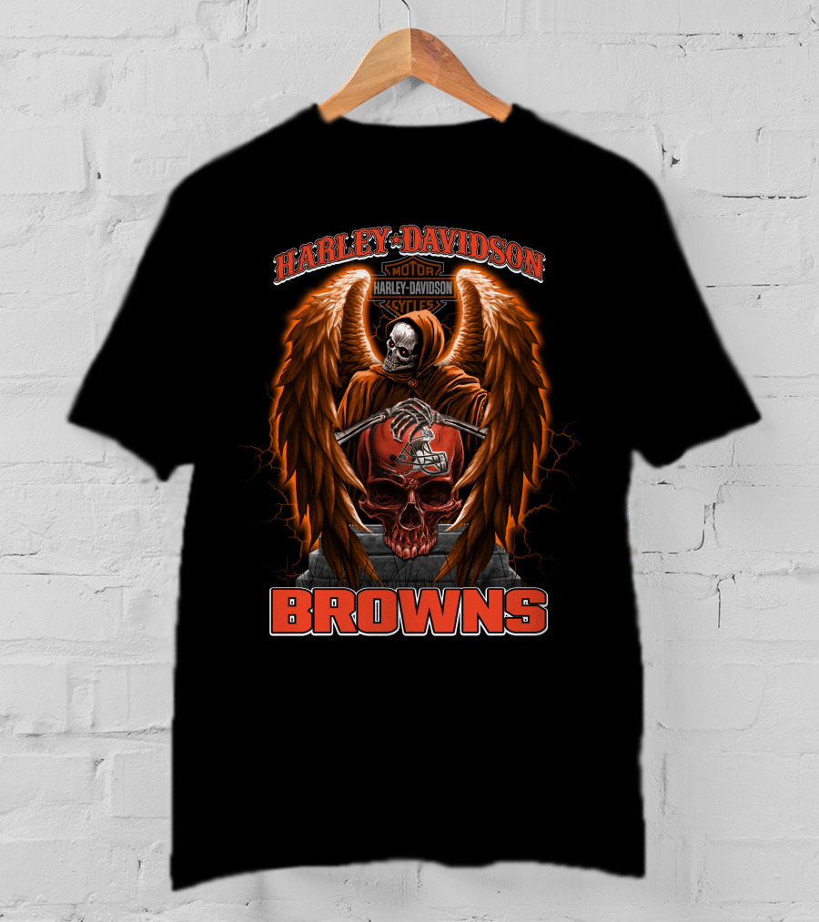 Harley Davidson Motorcycles Cleveland Browns Skull Angel Wings Nfl T-Shirt