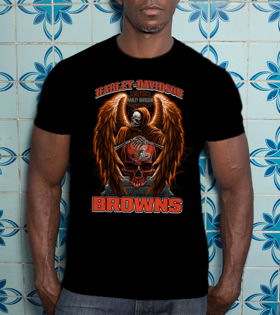Harley Davidson Motorcycles Cleveland Browns Skull Angel Wings Nfl T-Shirt