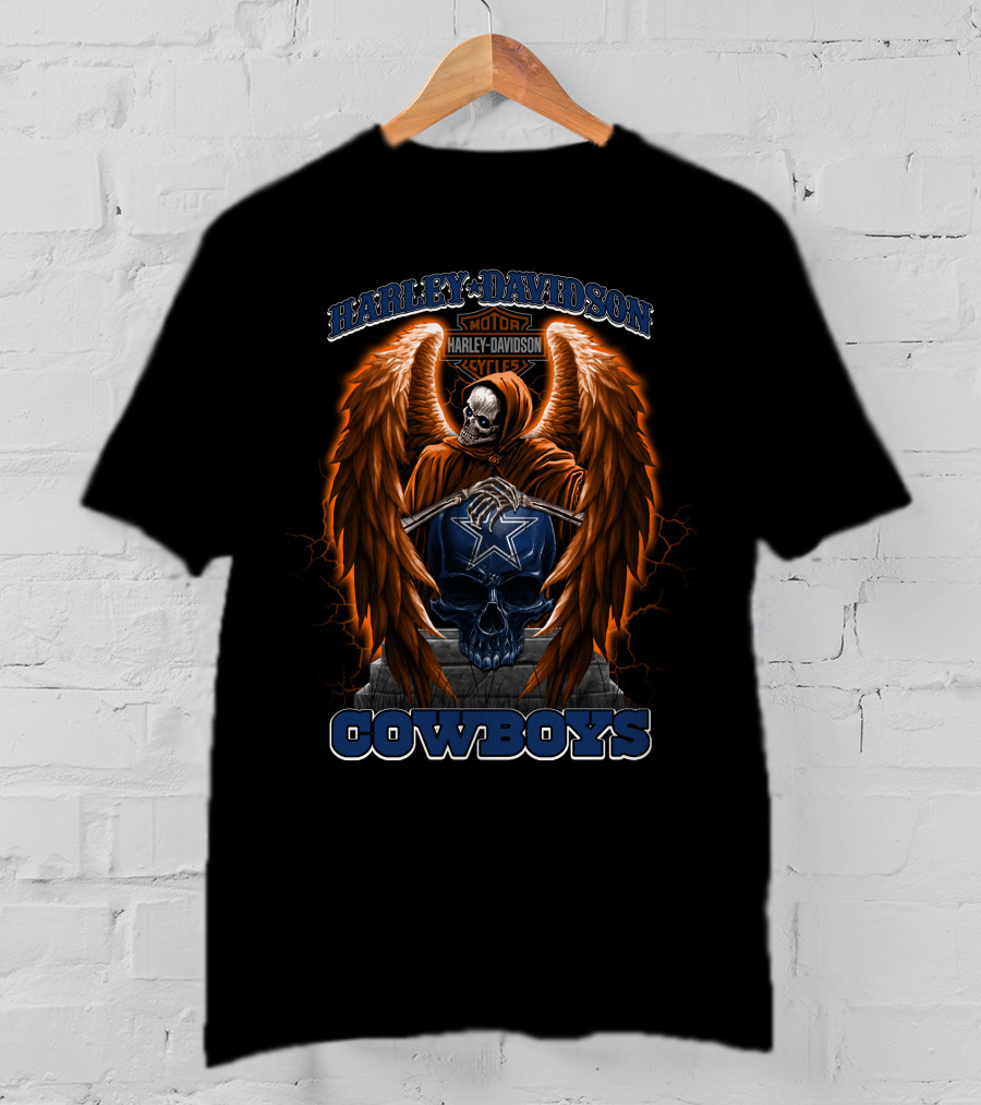 Harley Davidson Cowboys Nfl Skeleton With Wings And Skull T-Shirt