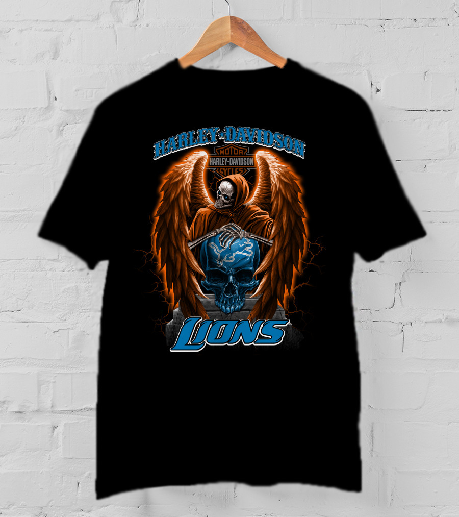 Harley Davidson Motorcycles Detroit Lions Skull With Angel Wings T-Shirt