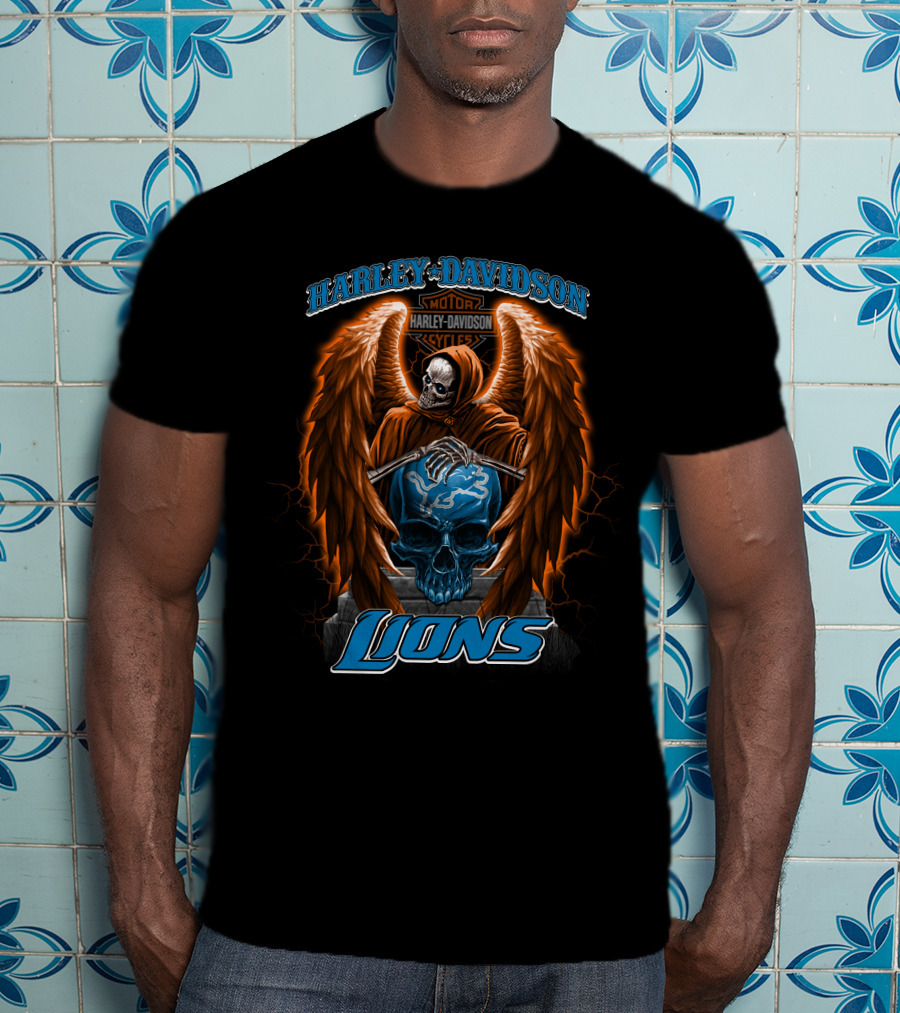Harley Davidson Motorcycles Detroit Lions Skull With Angel Wings T-Shirt