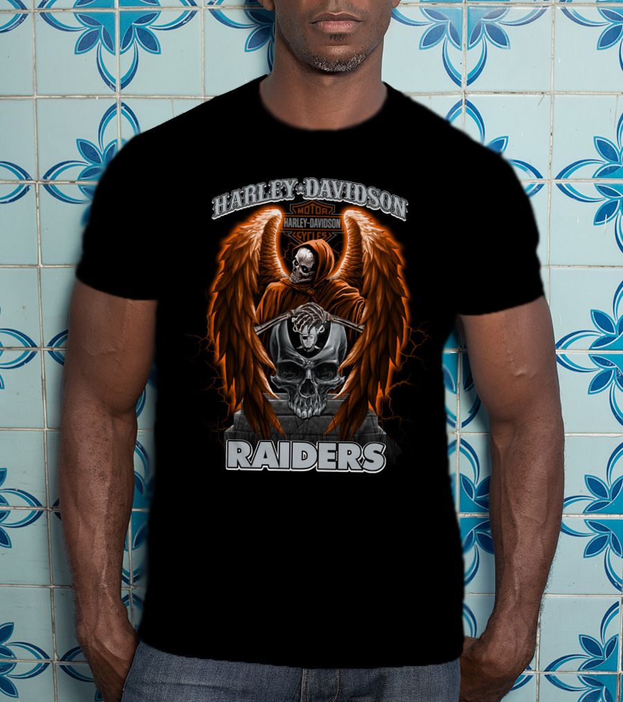 Harley Davidson Las Vegas Raiders Nfl Skeleton Skull Wings T-Shirt