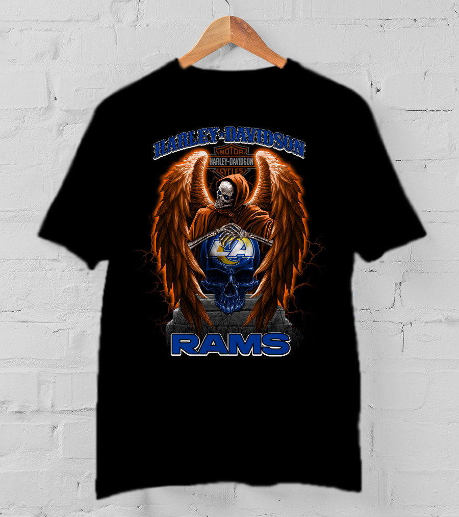 Harley Davidson Motorcycles Los Angeles Rams Nfl Skull Wings T-Shirt