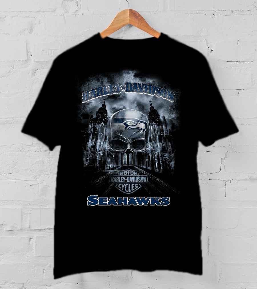 Harley Davidson Motor Cycles Skull Seattle Seahawks T-Shirt