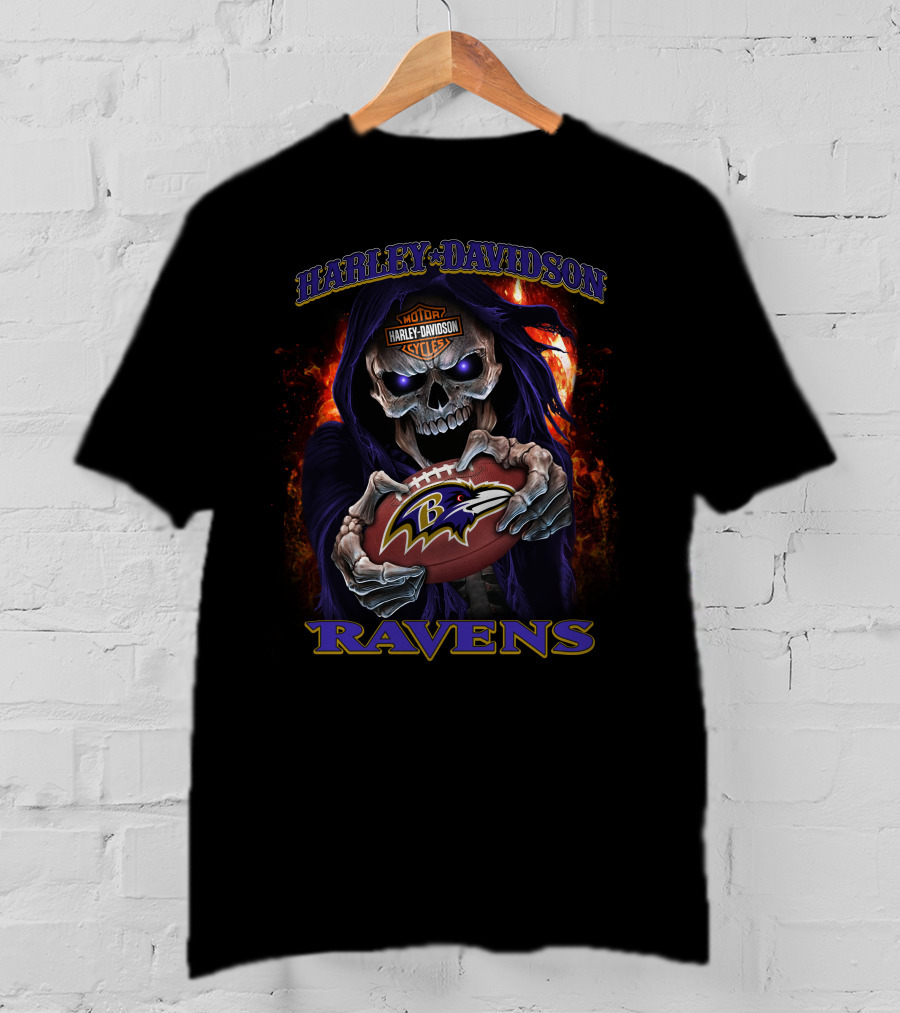 Harley Davidson Skull Holding Baltimore Ravens Football T-Shirt