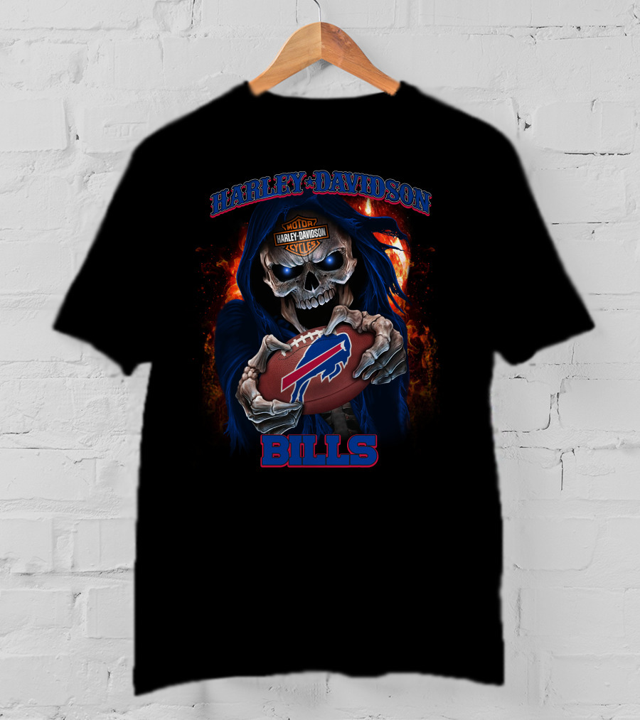 Harley Davidson Buffalo Bills Skull Holding Football T-Shirt