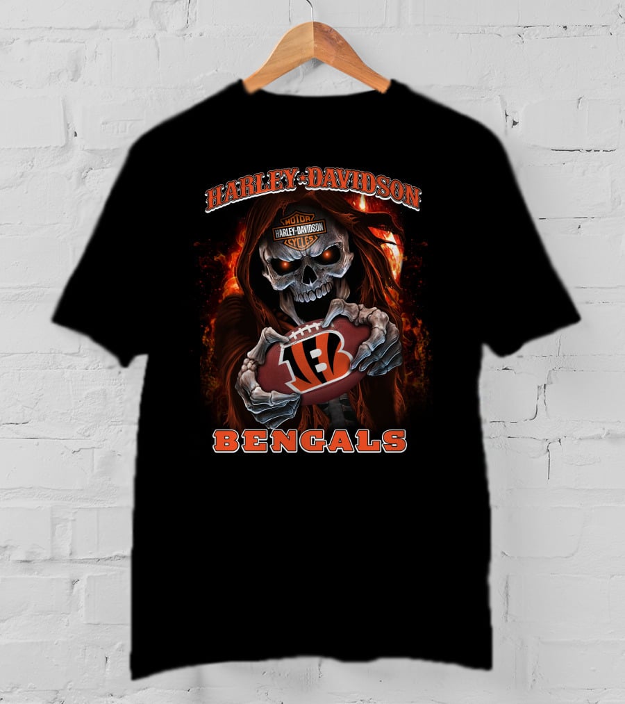 Harley Davidson Motor Cycles Skull Cincinnati Bengals Football T-Shirt