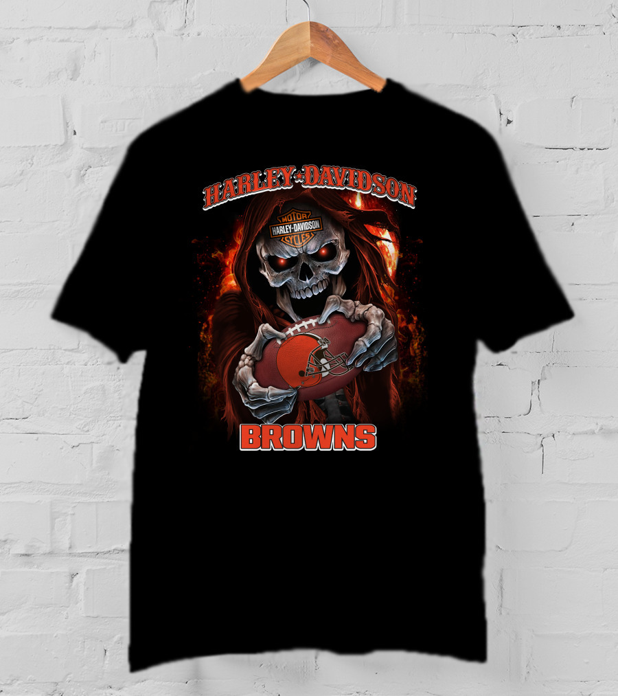 Harley Davidson Motor Cycles Cleveland Browns Skull Football T-Shirt