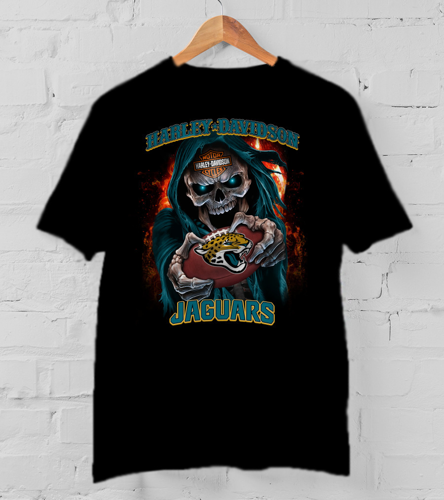 Harley Davidson Motorcycles Skull Holding Jacksonville Jaguars Football Jaguars T-Shirt