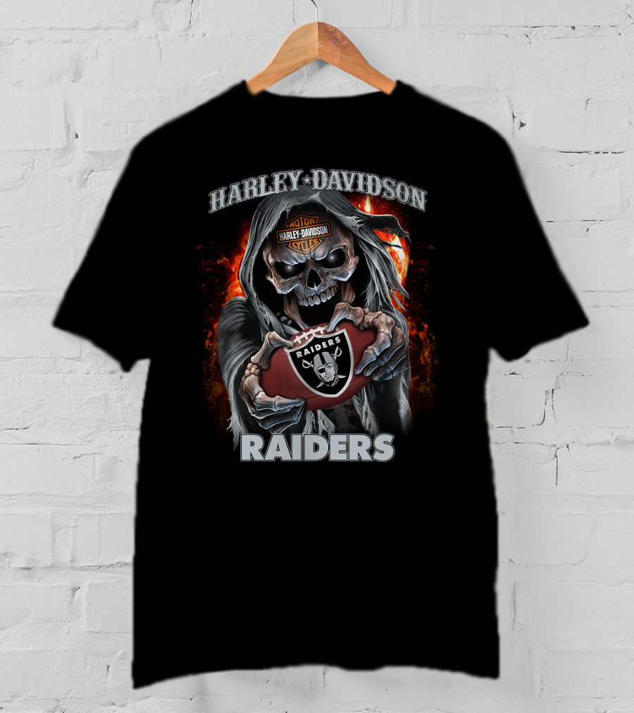Harley Davidson Raiders Skull Holding Football With Flames T-Shirt