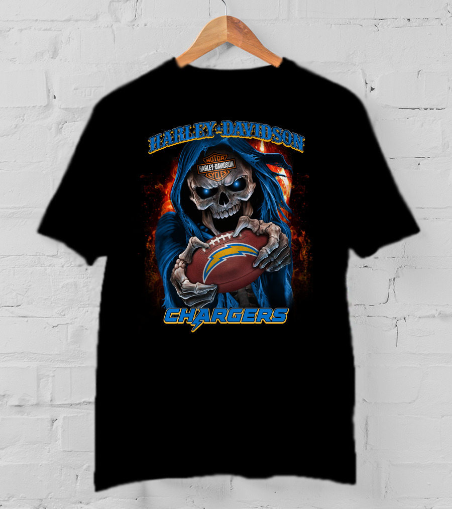 Harley Davidson Los Angeles Chargers Skull Holding Football T-Shirt