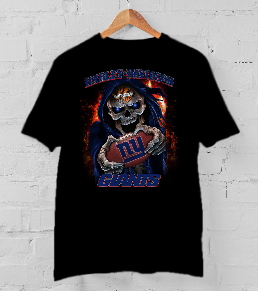 Harley Davidson New York Giants Skull Holding Football T-Shirt