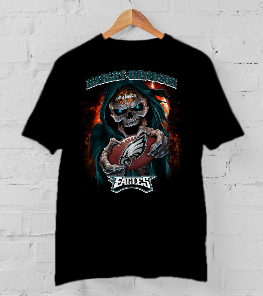 Harley Davidson Skull Holding Philadelphia Eagles Football T-Shirt