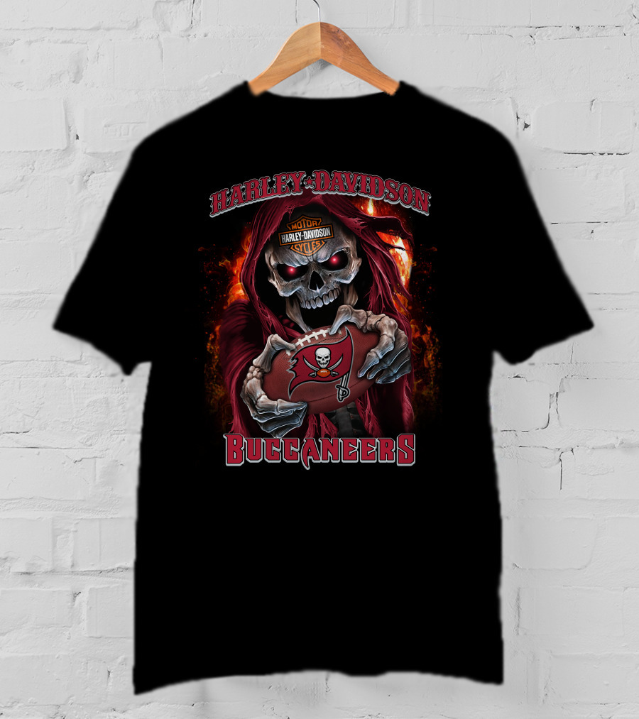 Harley Davidson Motor Cycles Buccaneers Skull Flames T-Shirt