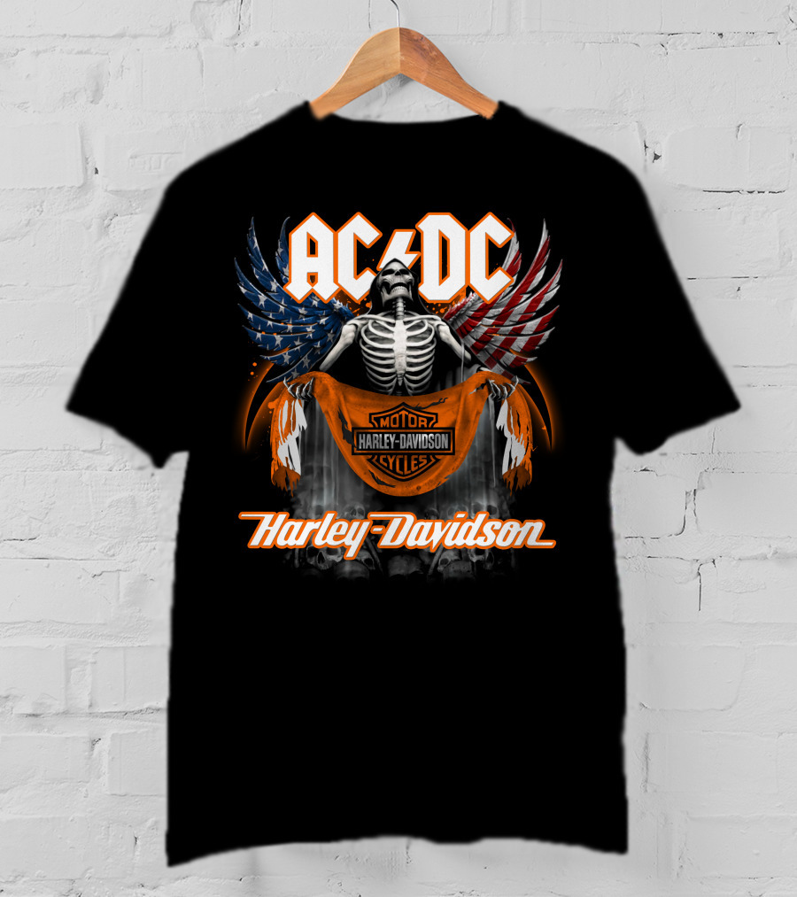 Acdc Harley Davidson Skeleton With American Flag Wings T-Shirt