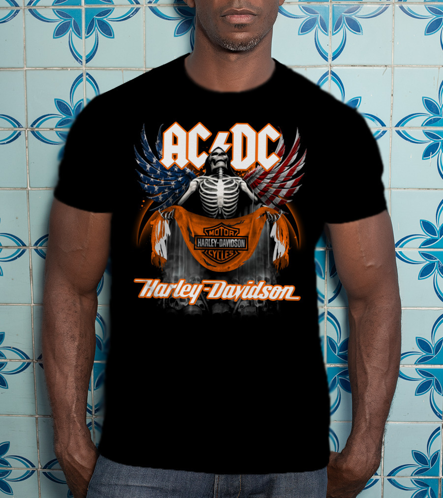 Acdc Harley Davidson Skeleton With American Flag Wings T-Shirt