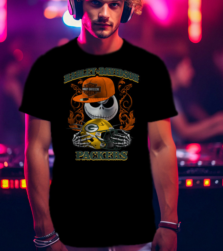 Harley Davidson Jack Skellington Packers Nfl Motorcycles T-Shirt
