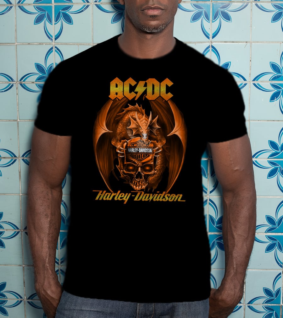 Ac Dc Harley Davidson Motor Cycles Dragon And Skull T-Shirt