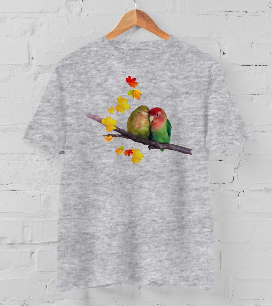 Lovebirds With Autumn Leaves On Branch T-Shirt
