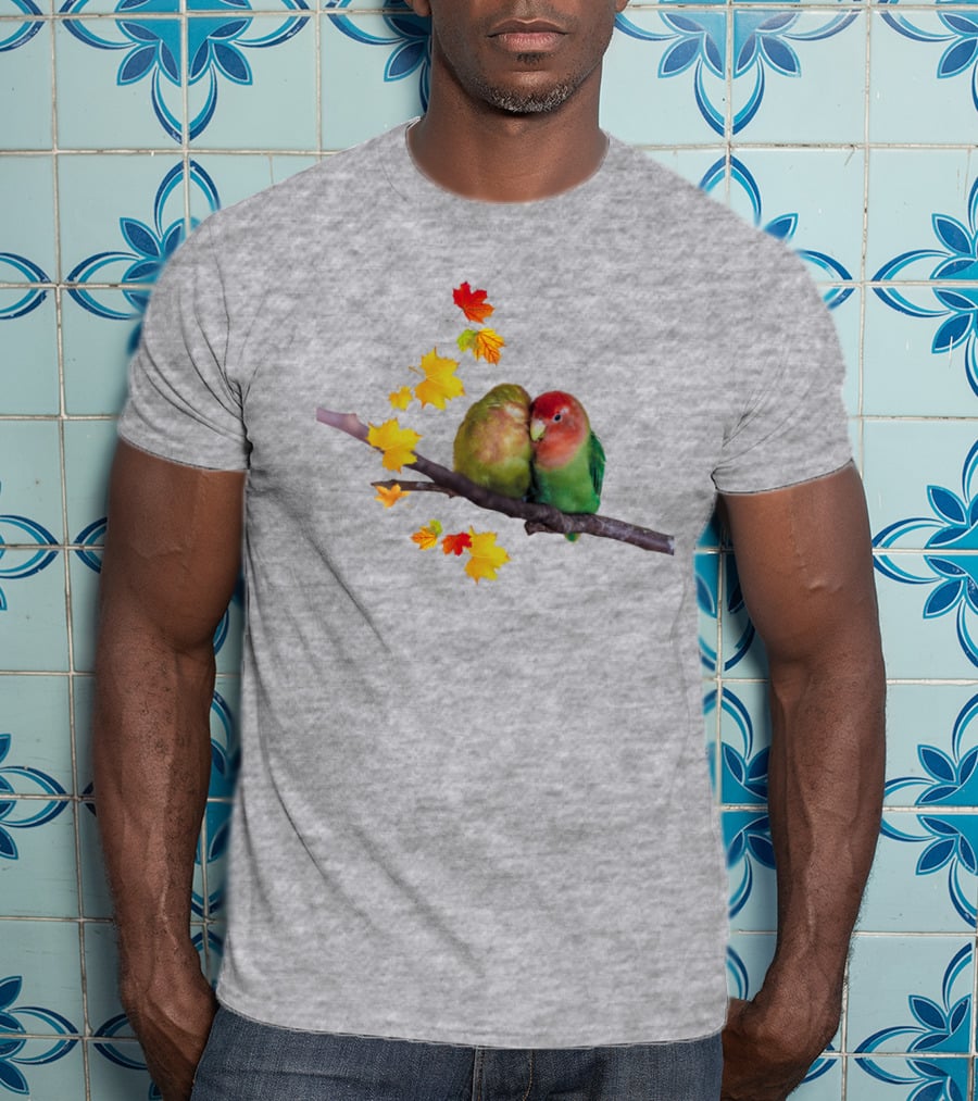 Lovebirds With Autumn Leaves On Branch T-Shirt