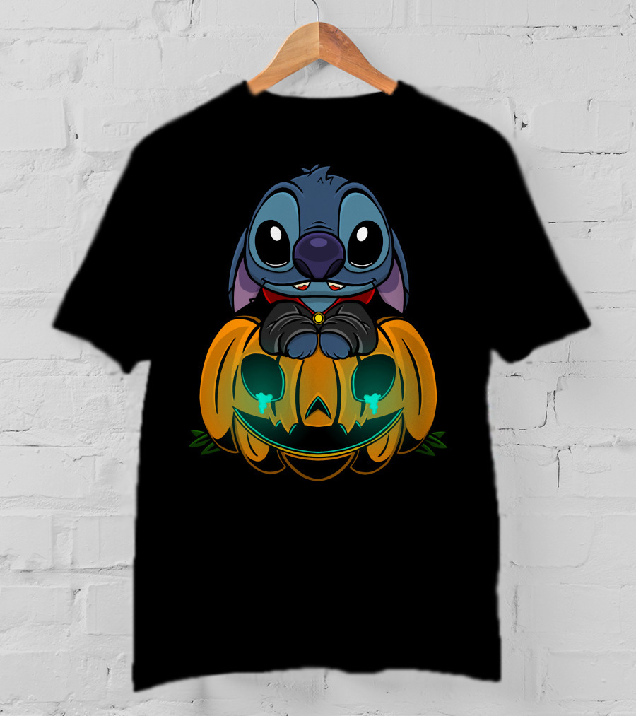 Cute Halloween Stitch With Glowing Pumpkin T-Shirt